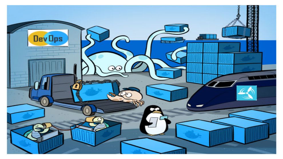 'Various animals working in a fictional Docker port'